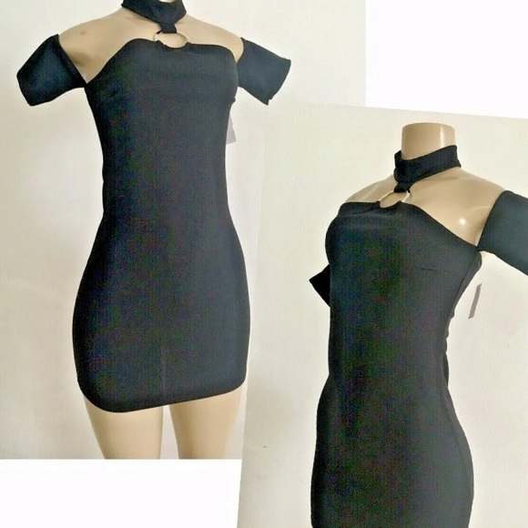 Blue Bush Bodycon Black Mini Dress Halter Stretchy - Picture 2 of 9
